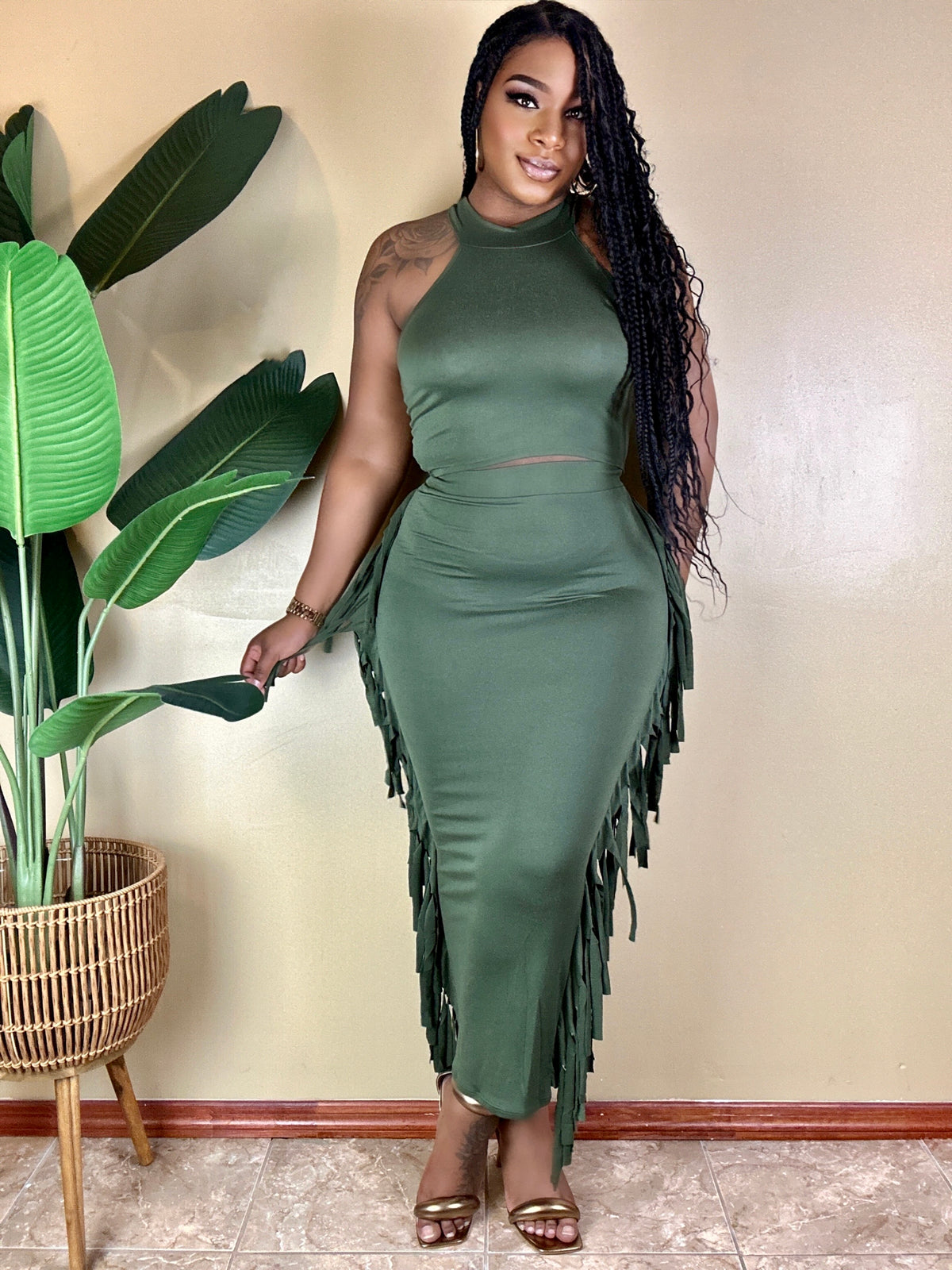 Green maxi skirt with fringe best sale